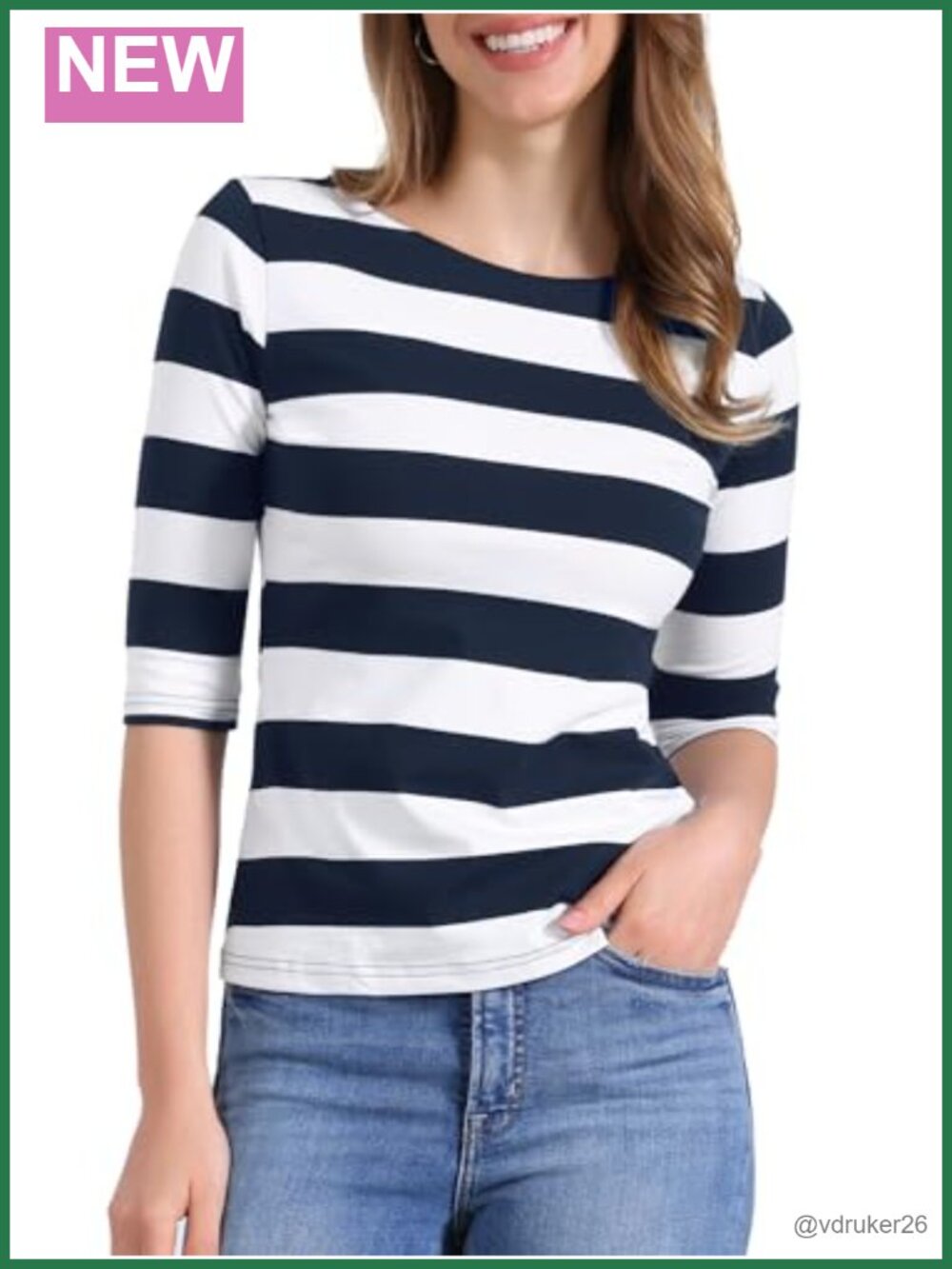 Allegra K Women's Striped Shirt Elbow Sleeve Slim Fit Boat Neck Top